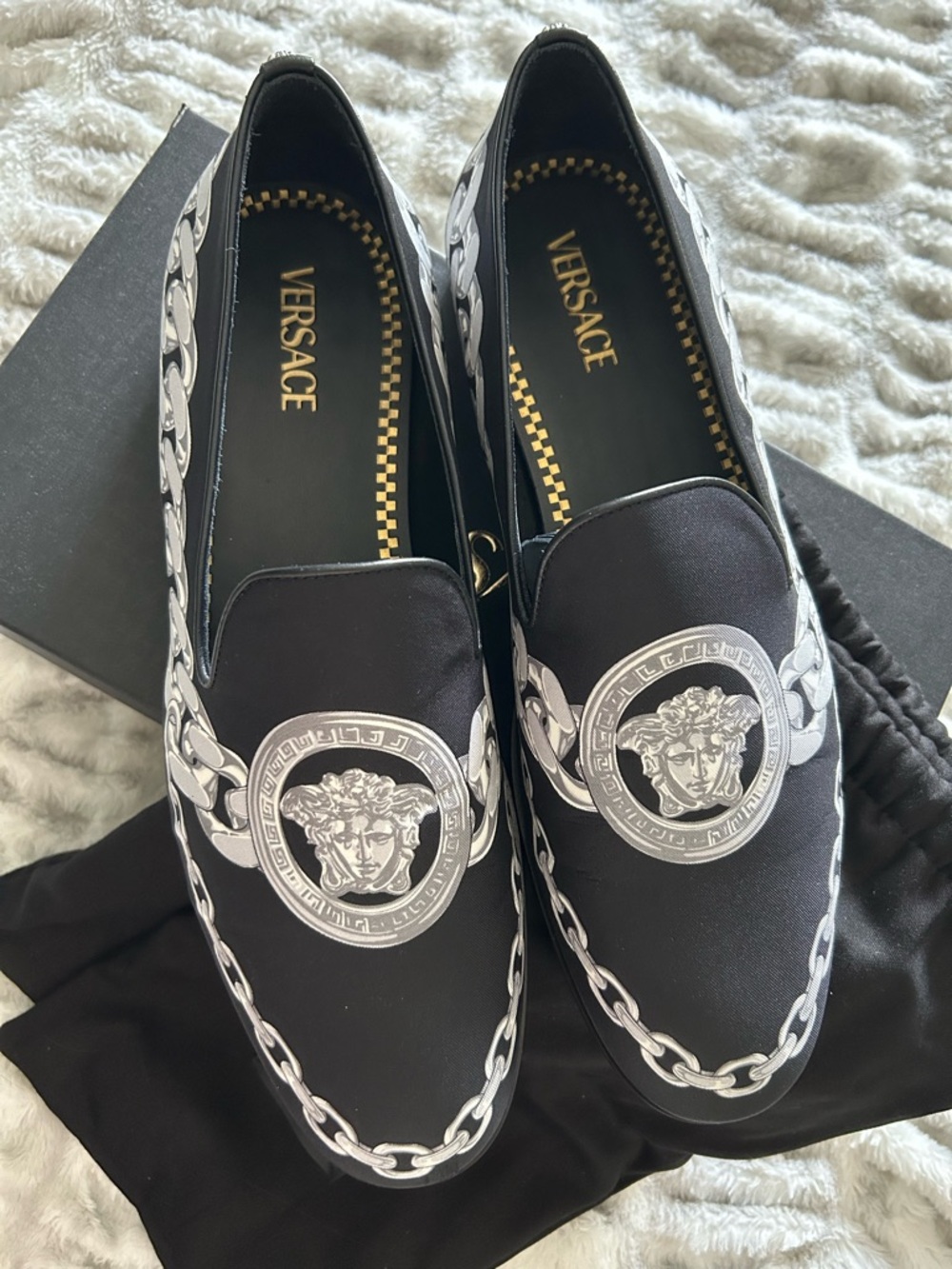 Versace Black Slip-On Loafers with Silver Medusa and Chain Motif